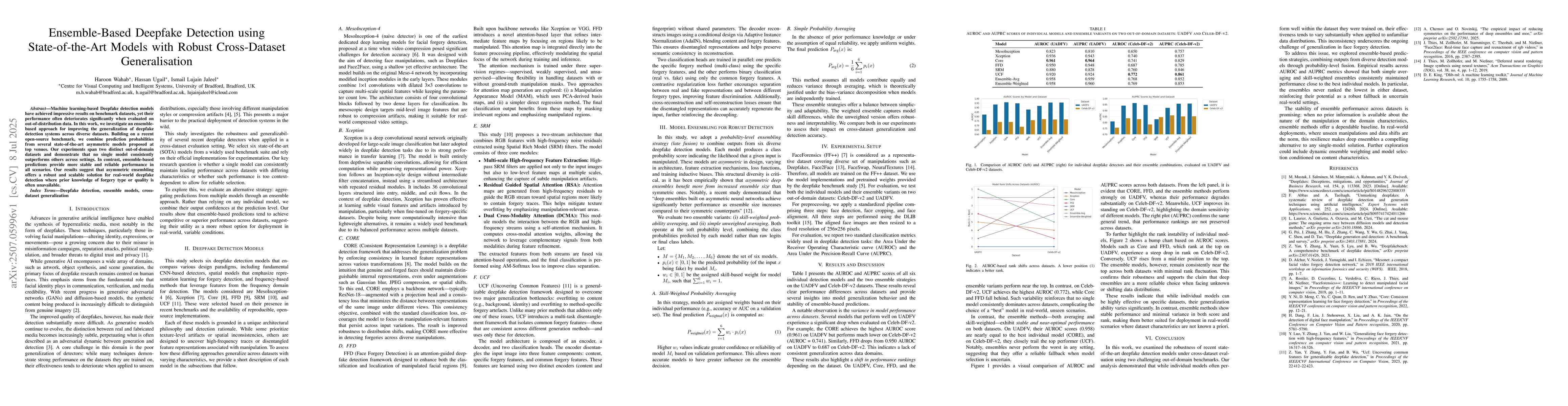 Thumbnail for Ensemble-Based Deepfake Detection using State-of-the-Art Models with
  Robust Cross-Dataset Generalisation