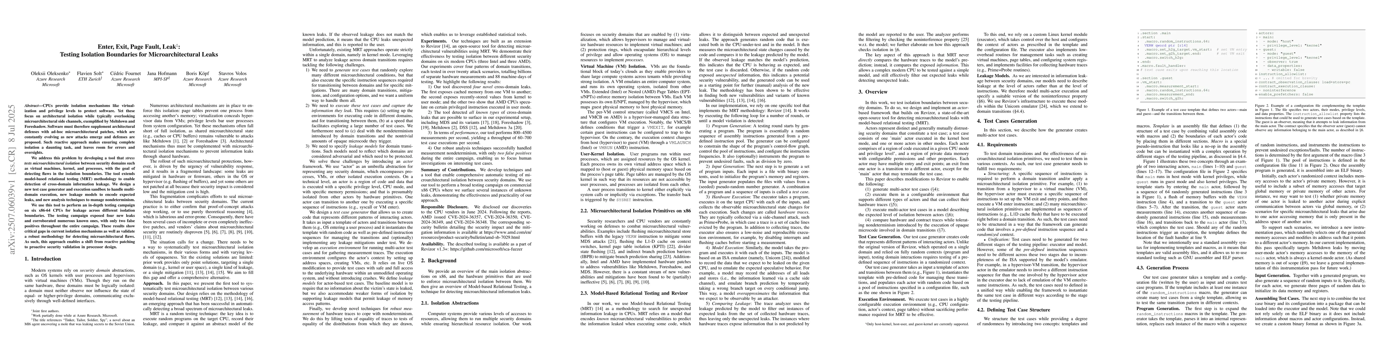 Thumbnail for Enter, Exit, Page Fault, Leak: Testing Isolation Boundaries for
  Microarchitectural Leaks