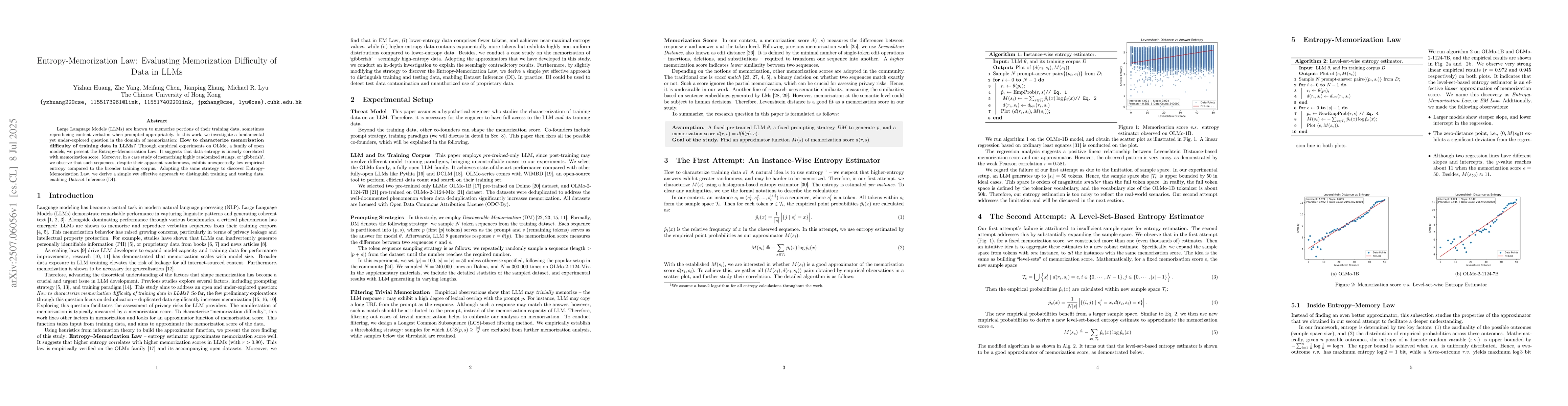 Thumbnail for Entropy-Memorization Law: Evaluating Memorization Difficulty of Data in
  LLMs