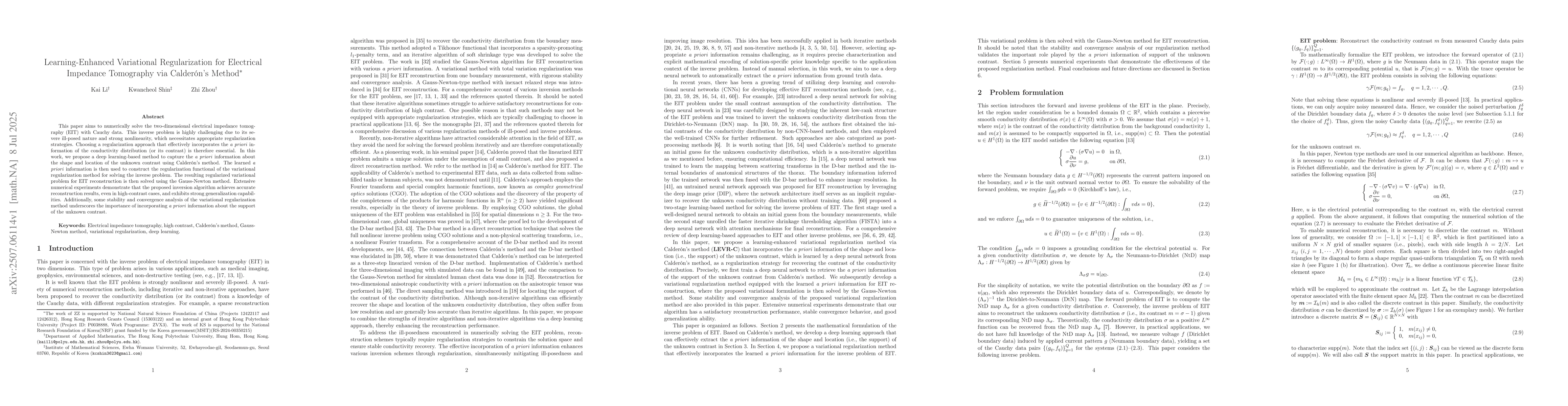 Thumbnail for Learning-Enhanced Variational Regularization for Electrical Impedance
  Tomography via \Calderon's Method