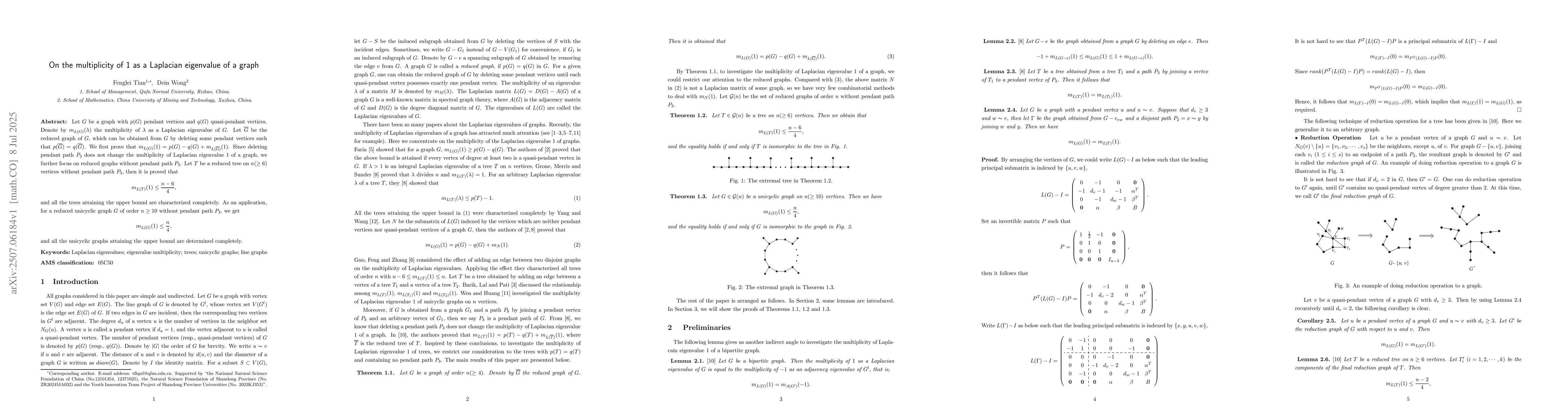 Thumbnail for On the multiplicity of 1 as a Laplacian eigenvalue of a graph