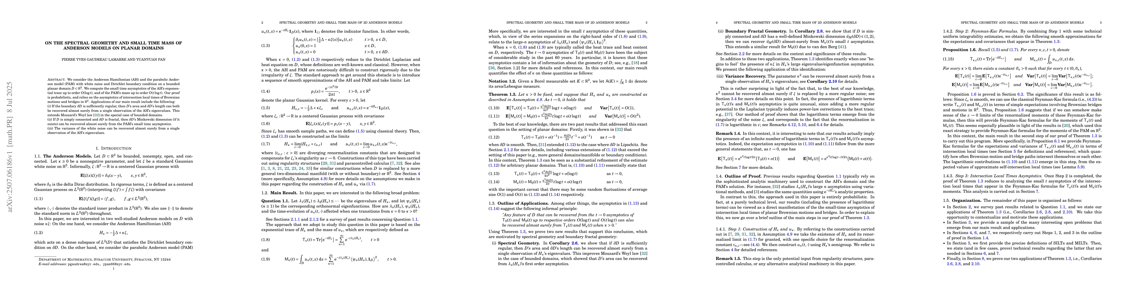 Thumbnail for On the Spectral Geometry and Small Time Mass of Anderson Models on
  Planar Domains