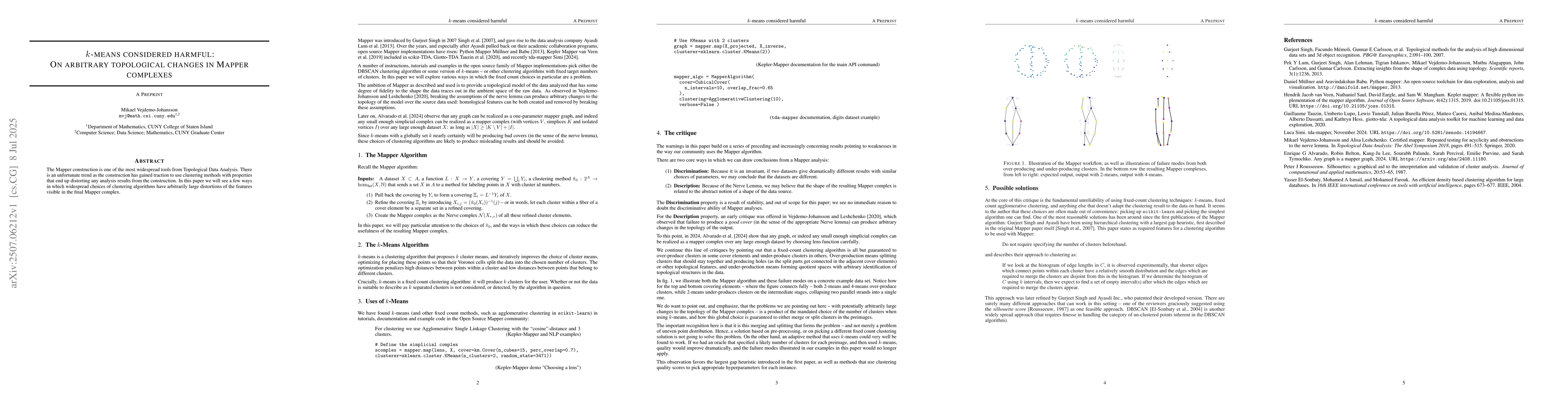 Thumbnail for $k$-means considered harmful: On arbitrary topological changes in Mapper
  complexes