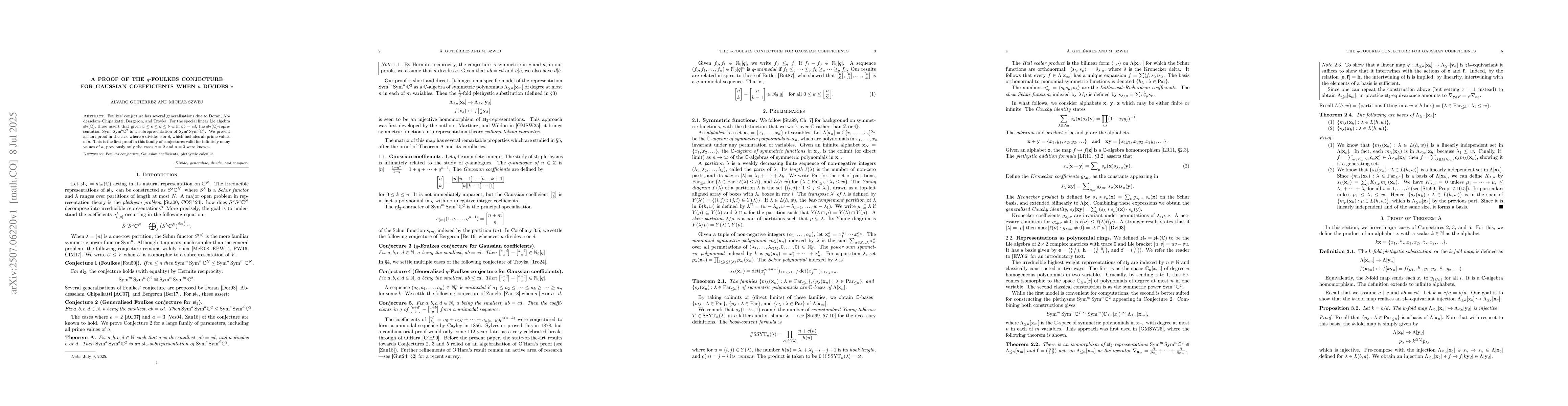 Thumbnail for A proof of the $q$-Foulkes conjecture for Gaussian coefficients when $a$
  divides $c$