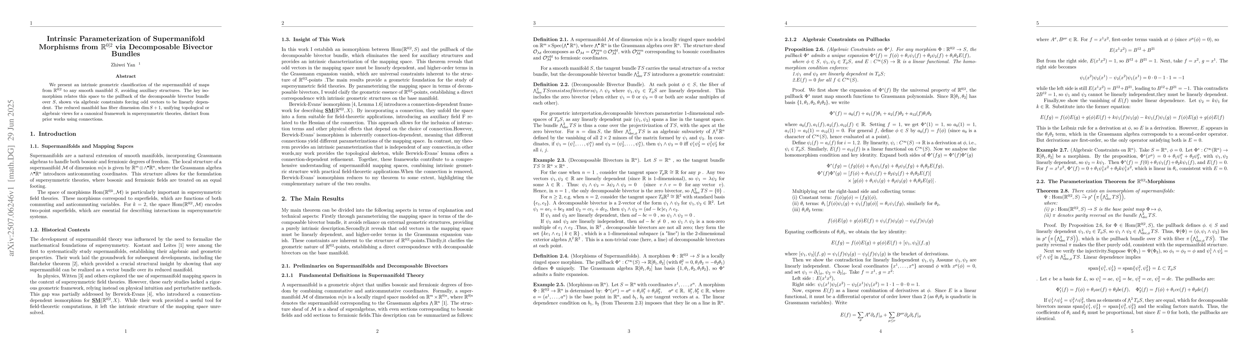 Thumbnail for Intrinsic Parameterization of Supermanifold Morphisms from
  $\mathbb{R}^{0|2}$ via Decomposable Bivector Bundles