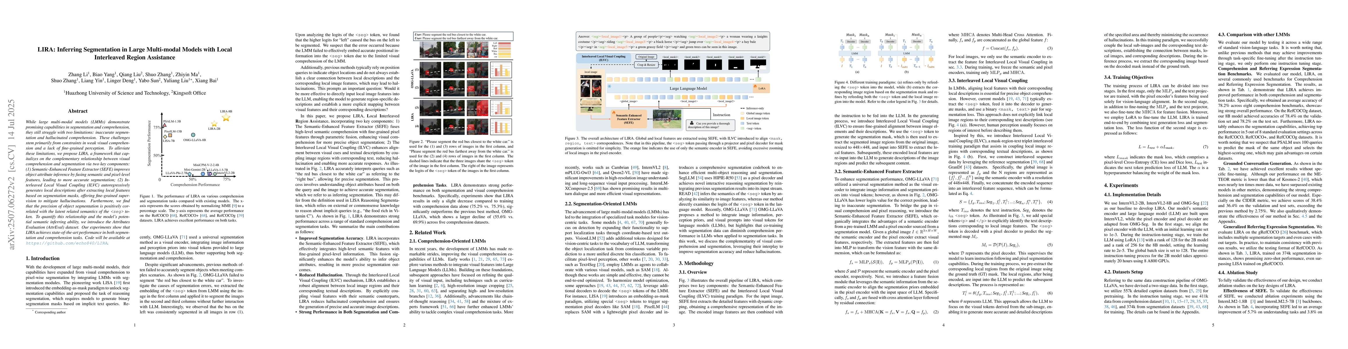Thumbnail for LIRA: Inferring Segmentation in Large Multi-modal Models with Local
  Interleaved Region Assistance