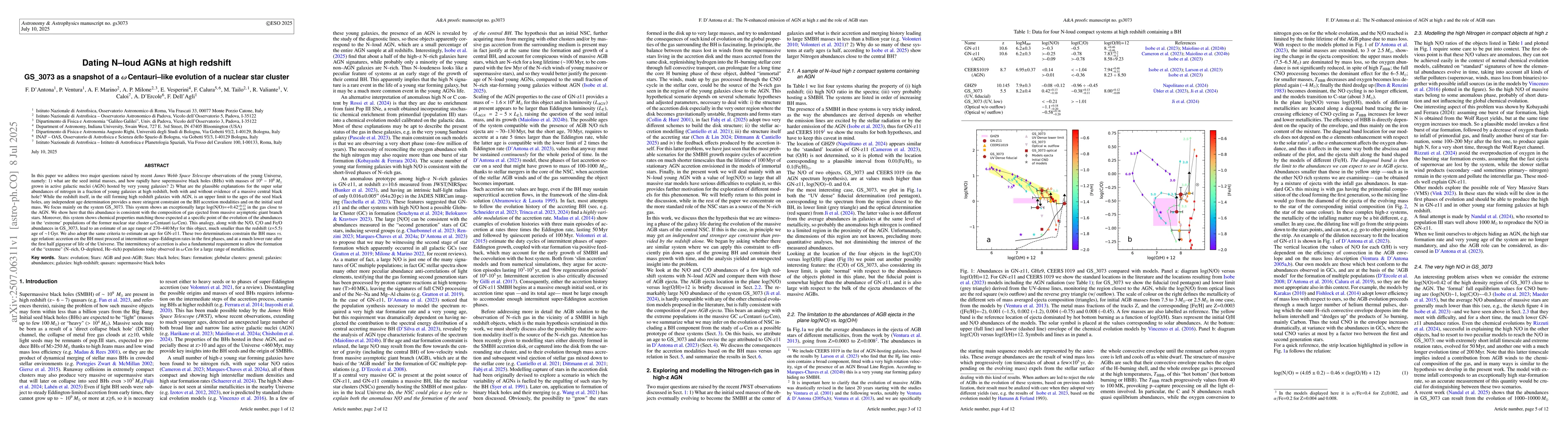 Thumbnail for Dating N loud AGNs at high redshift: GS3073 as a snapshot of wCen like
  evolution of a nuclear star cluster