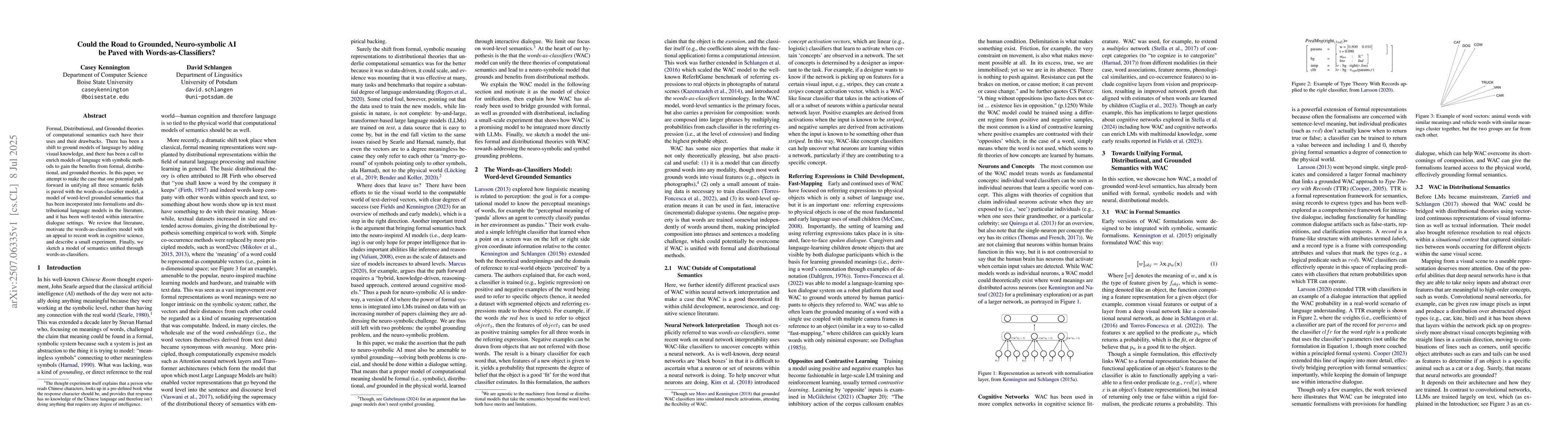 Thumbnail for Could the Road to Grounded, Neuro-symbolic AI be Paved with
  Words-as-Classifiers?