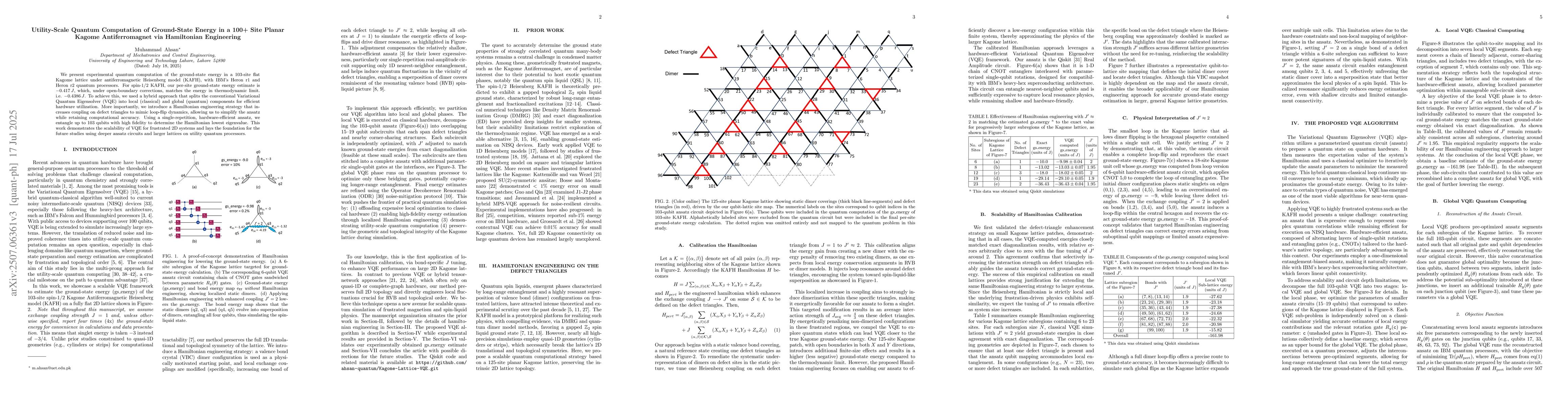 Thumbnail for Utility-Scale Quantum Computation of Ground-State Energy in a 100+ Site
  Planar Kagome Antiferromagnet via Hamiltonian Engineering