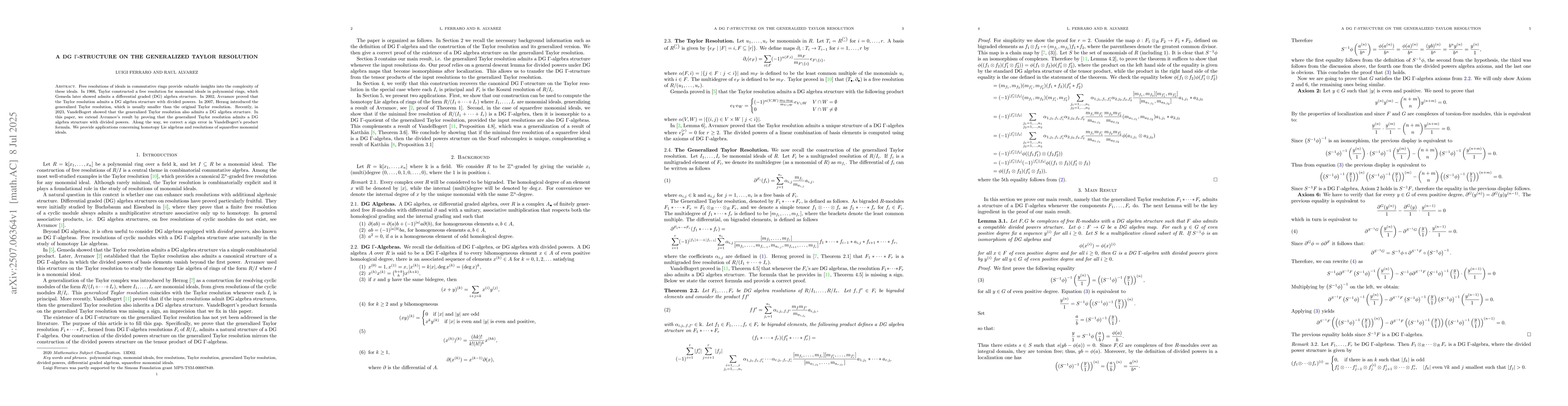 Thumbnail for A DG $Γ$-structure on the Generalized Taylor Resolution