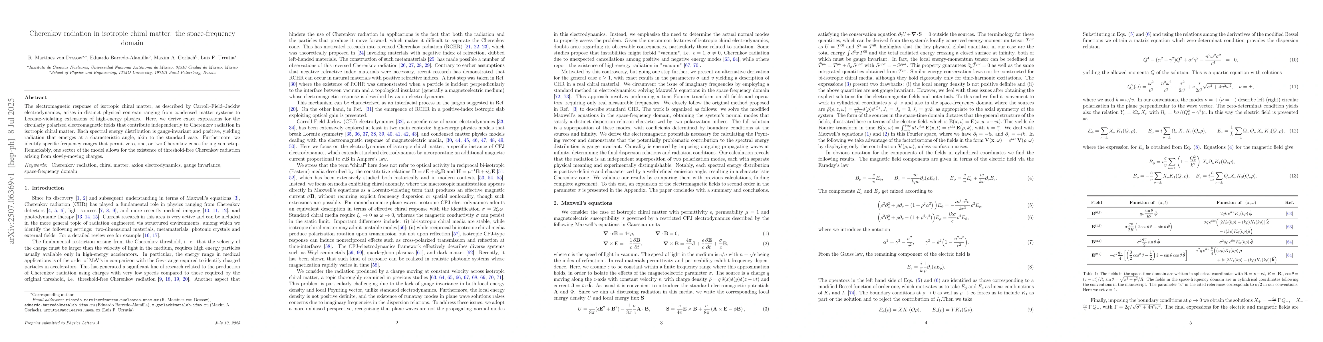 Thumbnail for Cherenkov radiation in isotropic chiral matter: the space-frequency
  domain