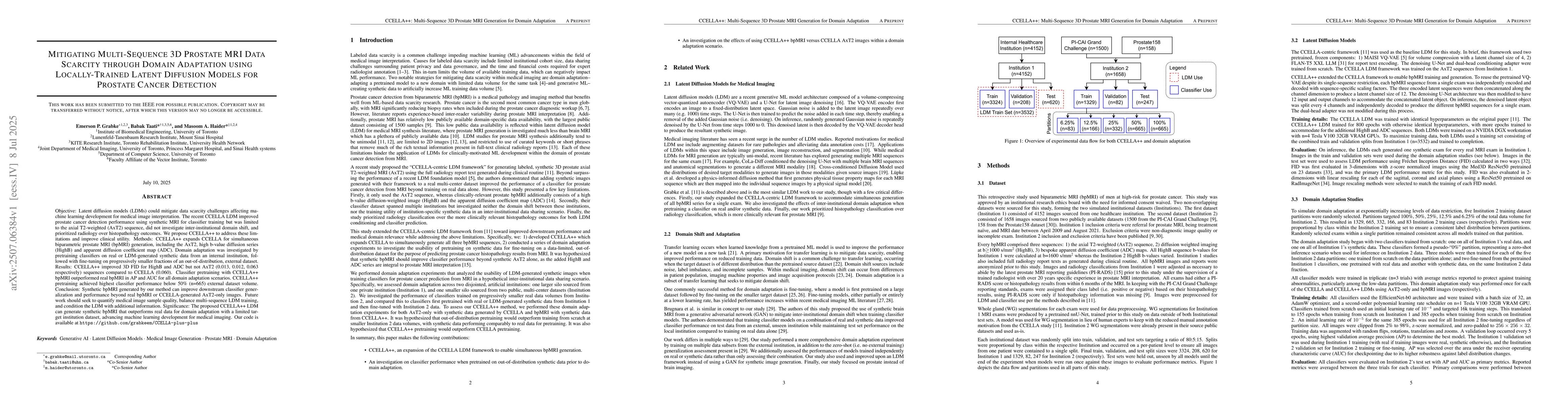 Thumbnail for Mitigating Multi-Sequence 3D Prostate MRI Data Scarcity through Domain
  Adaptation using Locally-Trained Latent Diffusion Models for Prostate Cancer
  Detection