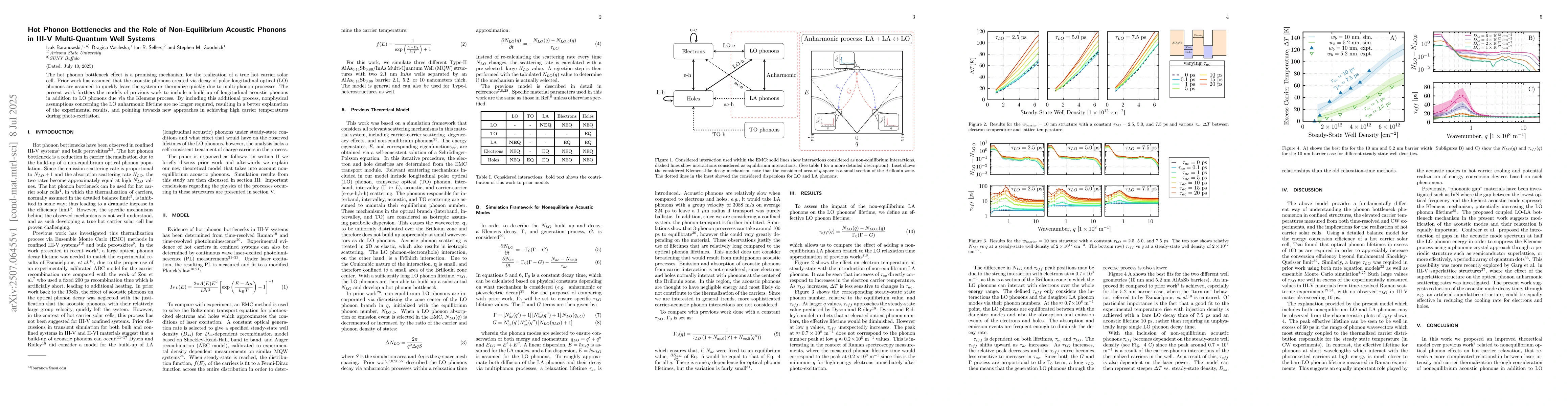 Thumbnail for Hot Phonon Bottlenecks and the Role of Non-Equilibrium Acoustic Phonons
  in III-V Multi-Quantum Well Systems