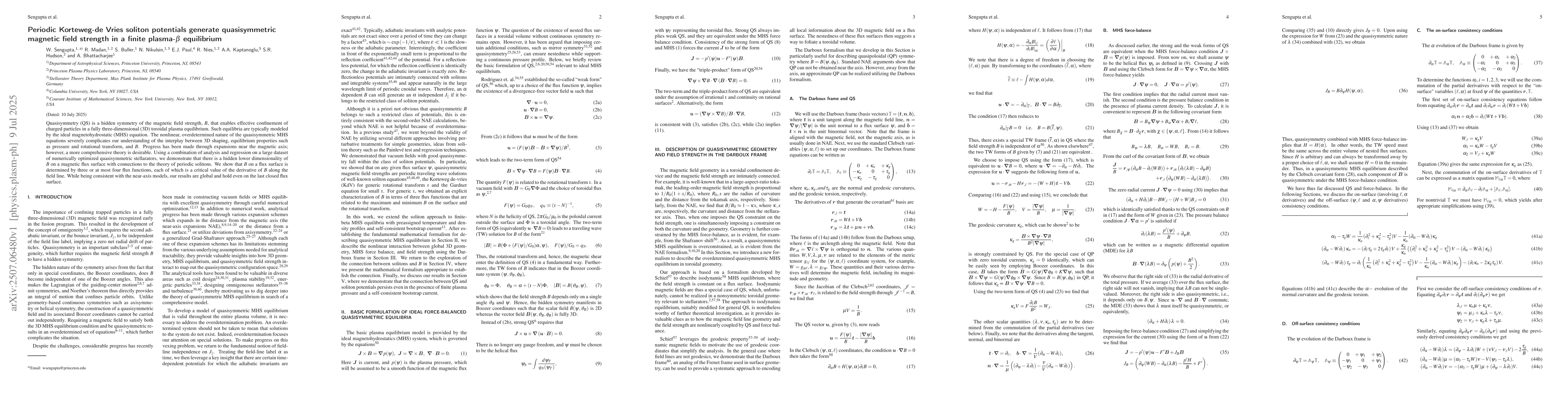 Thumbnail for Periodic Korteweg-de Vries soliton potentials generate quasisymmetric
  magnetic field strength in a finite plasma-beta equilibrium