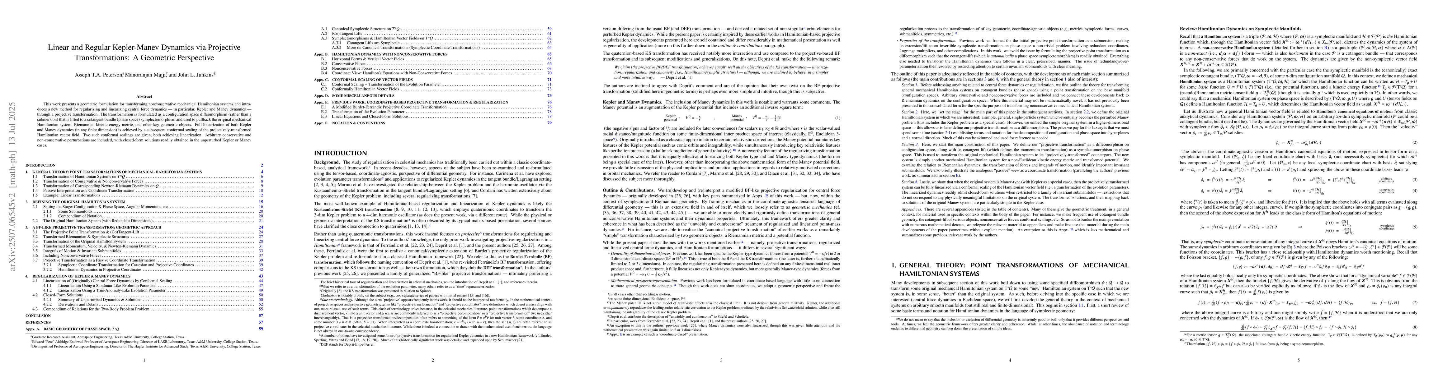 Thumbnail for Linear and Regular Kepler-Manev Dynamics via Projective Transformations:
  A Geometric Perspective