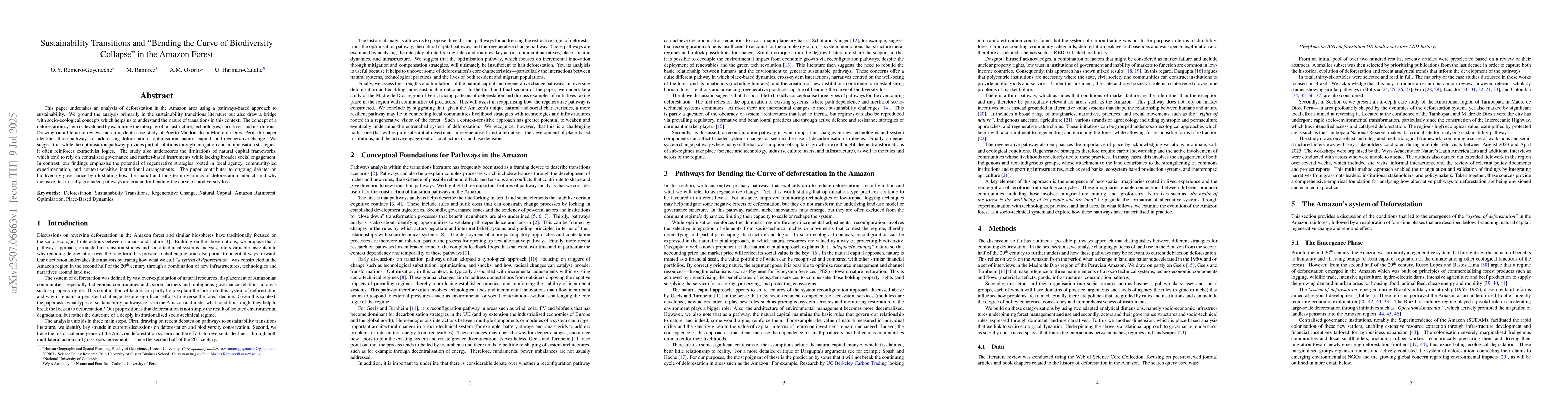Thumbnail for Sustainability Transitions and Bending the Curve of Biodiversity
  Collapse in the Amazon Forest