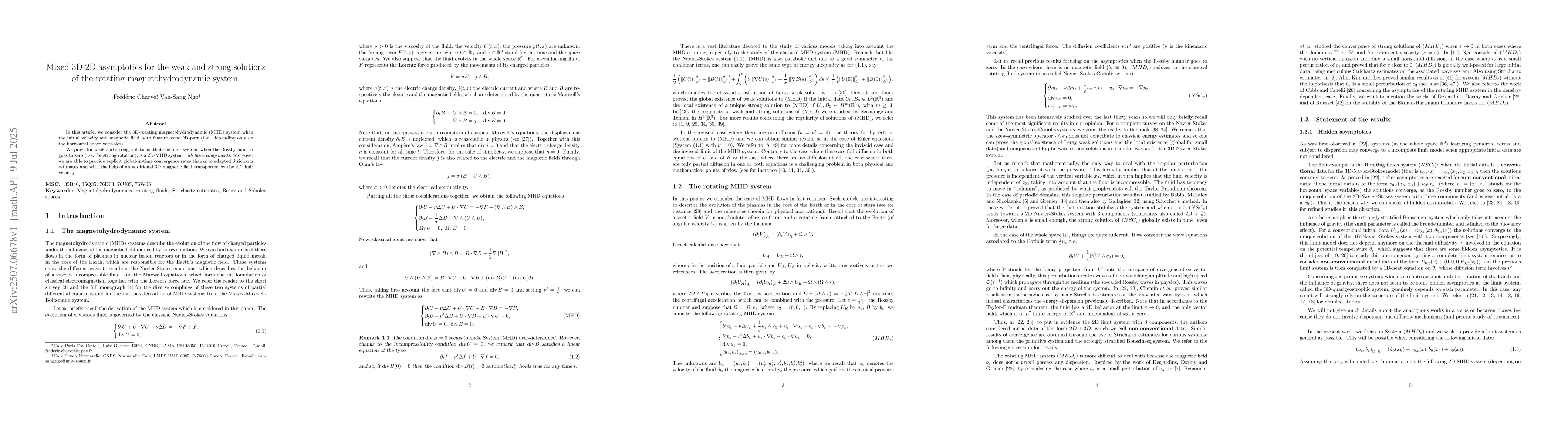 Thumbnail for Mixed 3D-2D asymptotics for the weak and strong solutions of the
  rotating magnetohydrodynamic system