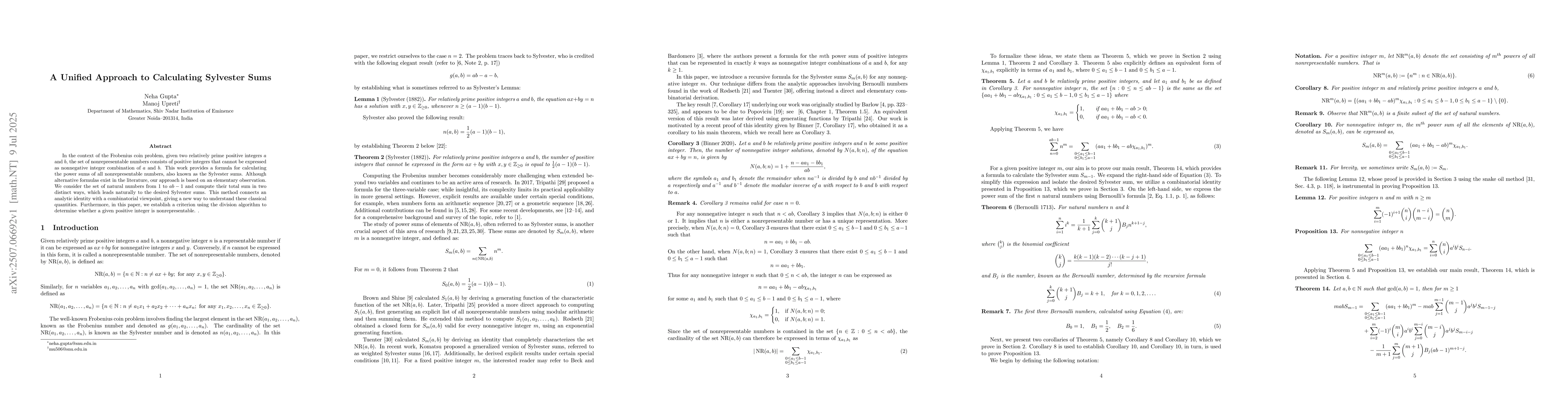 Thumbnail for A Unified Approach to Calculating Sylvester Sums