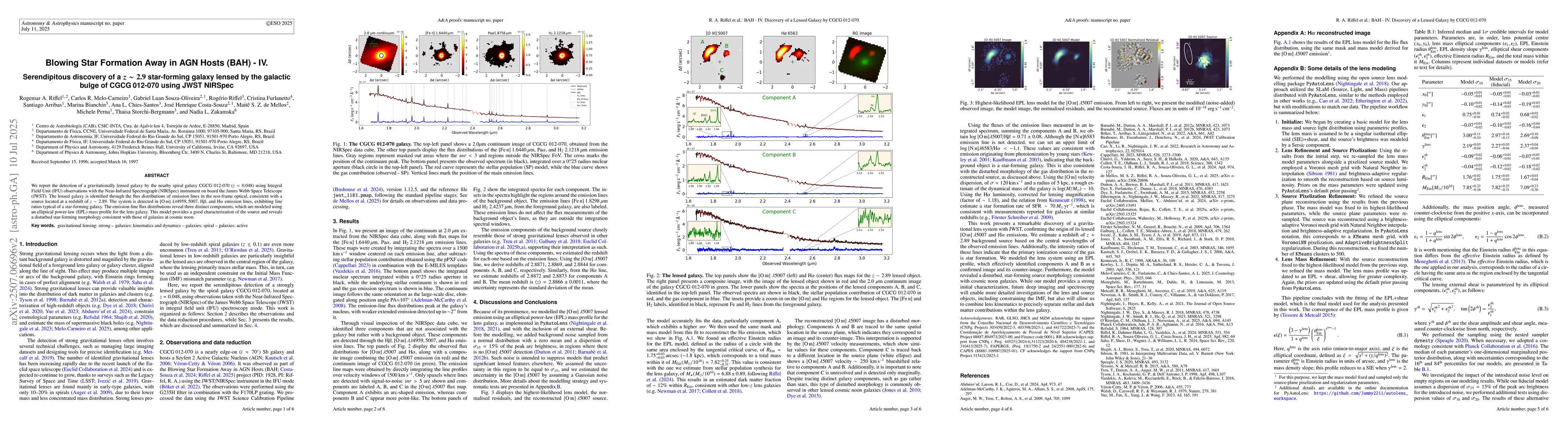 Thumbnail for Blowing Star Formation Away in AGN Hosts (BAH) -- IV. Serendipitous
  discovery of a $z\sim2.9$ star-forming galaxy lensed by the galactic bulge of
  CGCG 012-070 using JWST NIRSpec