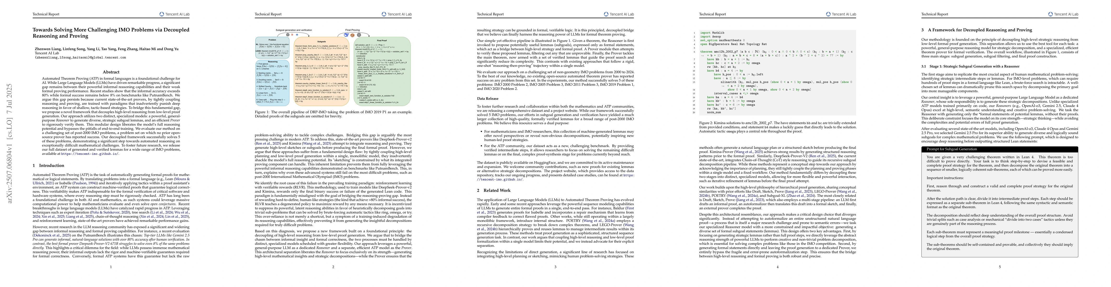 Thumbnail for Towards Solving More Challenging IMO Problems via Decoupled Reasoning
  and Proving