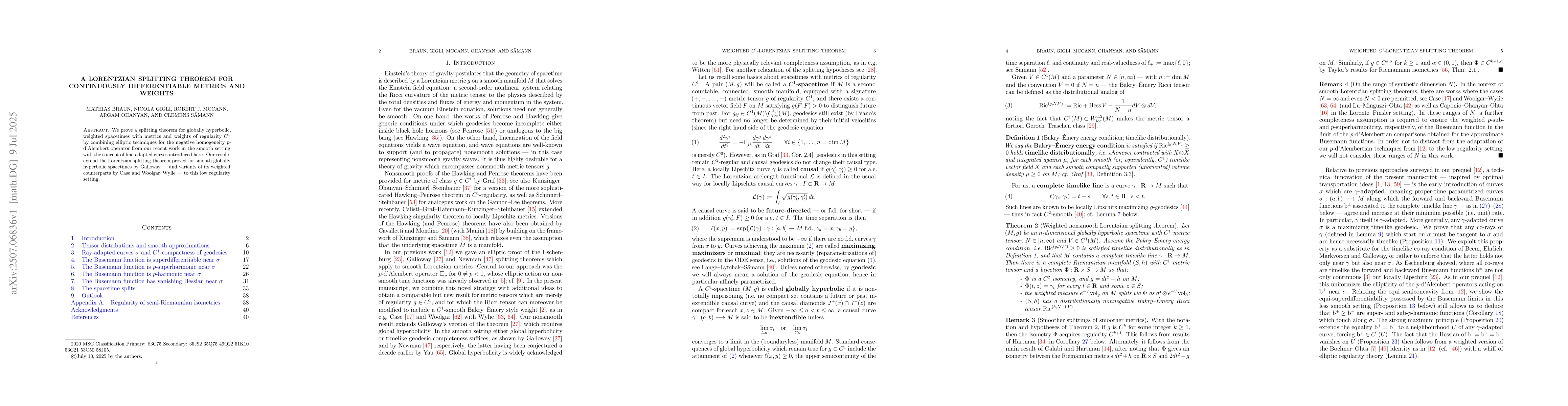 Thumbnail for A Lorentzian splitting theorem for continuously differentiable metrics
  and weights