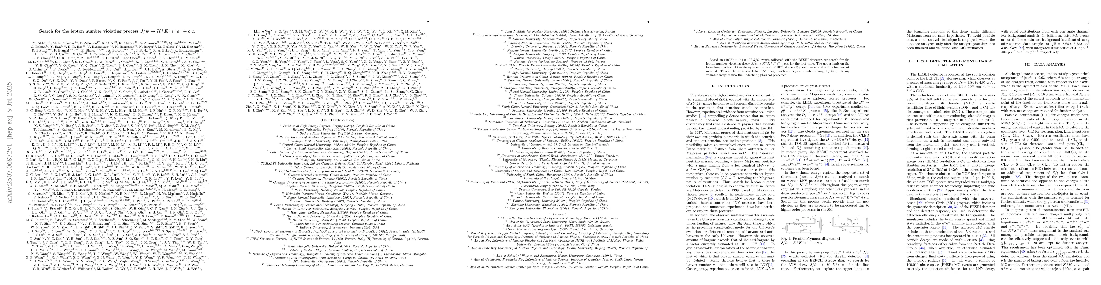Thumbnail for Search for the lepton number violating process $J/ψ\to K^+K^+e^-e^-
  +c.c.$