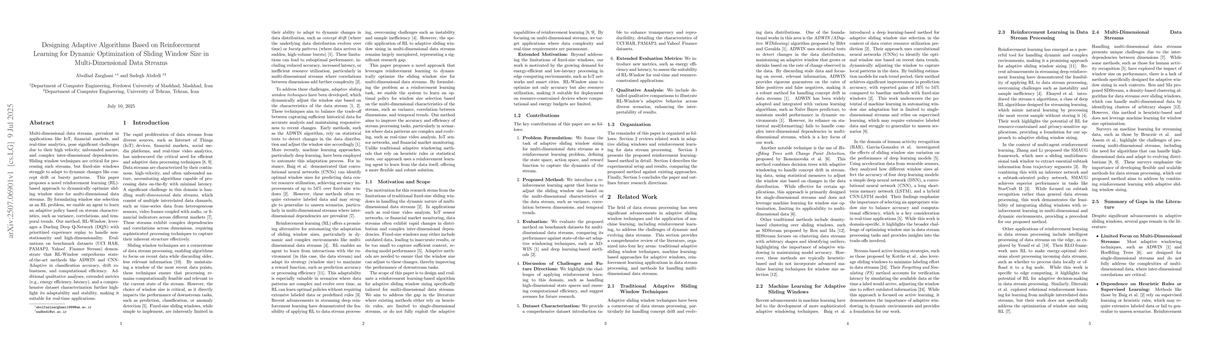 Thumbnail for Designing Adaptive Algorithms Based on Reinforcement Learning for
  Dynamic Optimization of Sliding Window Size in Multi-Dimensional Data Streams