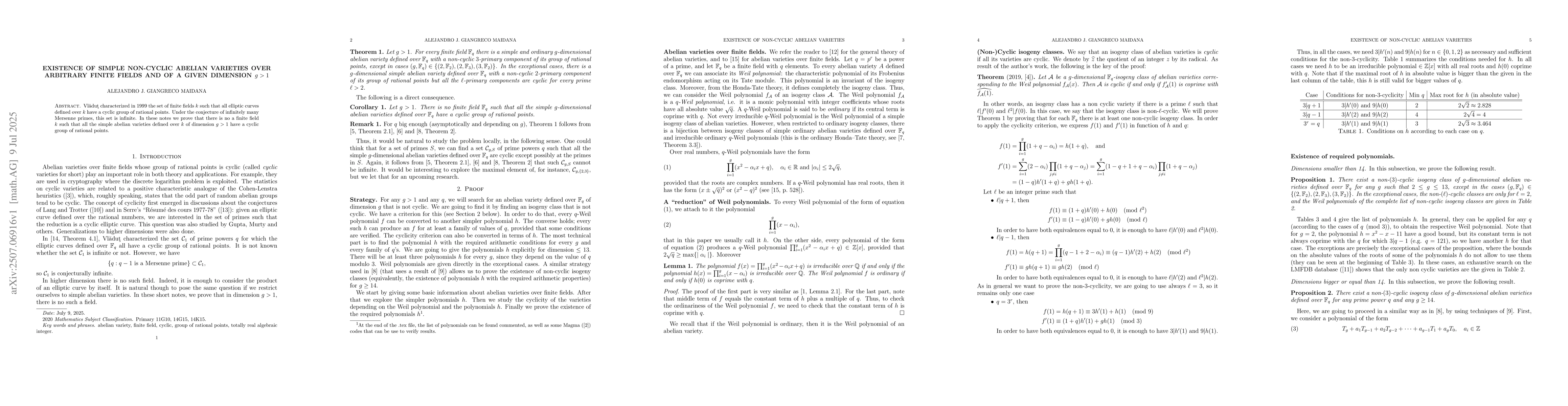 Thumbnail for Existence of simple non-cyclic abelian varieties over arbitrary finite
  fields and of a given dimension $g>1$