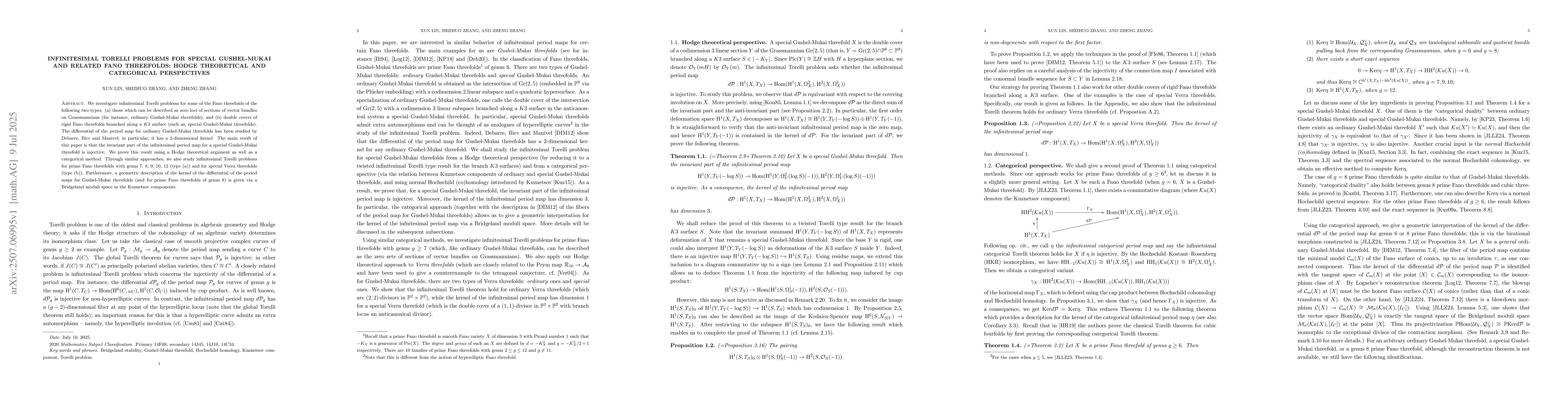 Thumbnail for Infinitesimal Torelli problems for special Gushel-Mukai and related Fano
  threefolds: Hodge theoretical and categorical perspectives