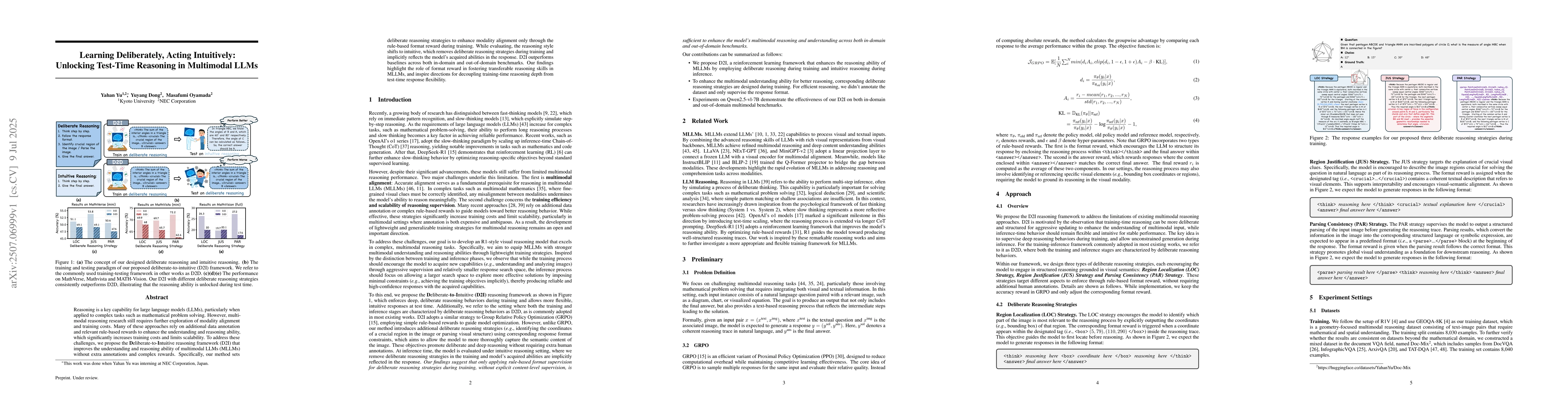 Thumbnail for Learning Deliberately, Acting Intuitively: Unlocking Test-Time Reasoning
  in Multimodal LLMs
