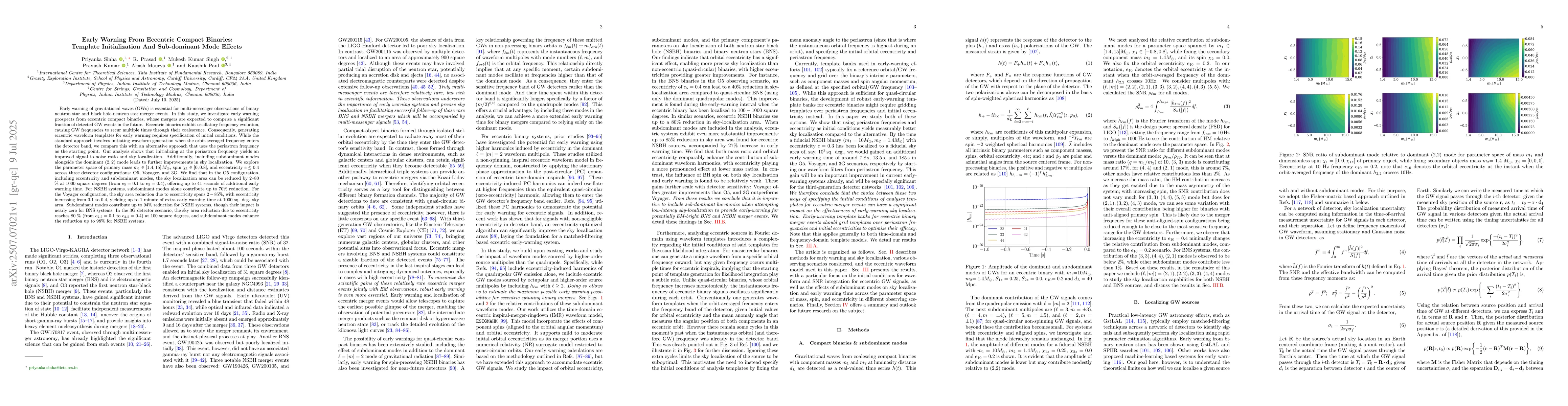 Thumbnail for Early Warning From Eccentric Compact Binaries: Template Initialization
  And Sub-dominant Mode Effects