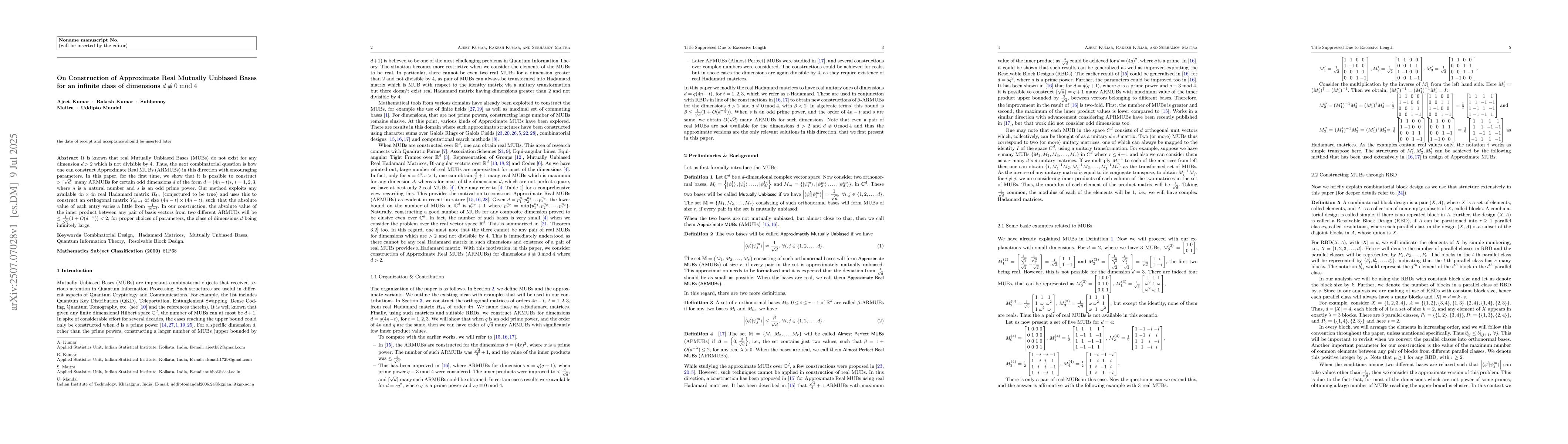 Thumbnail for On Construction of Approximate Real Mutually Unbiased Bases for an
  infinite class of dimensions $d \not\equiv 0 \bmod 4$
