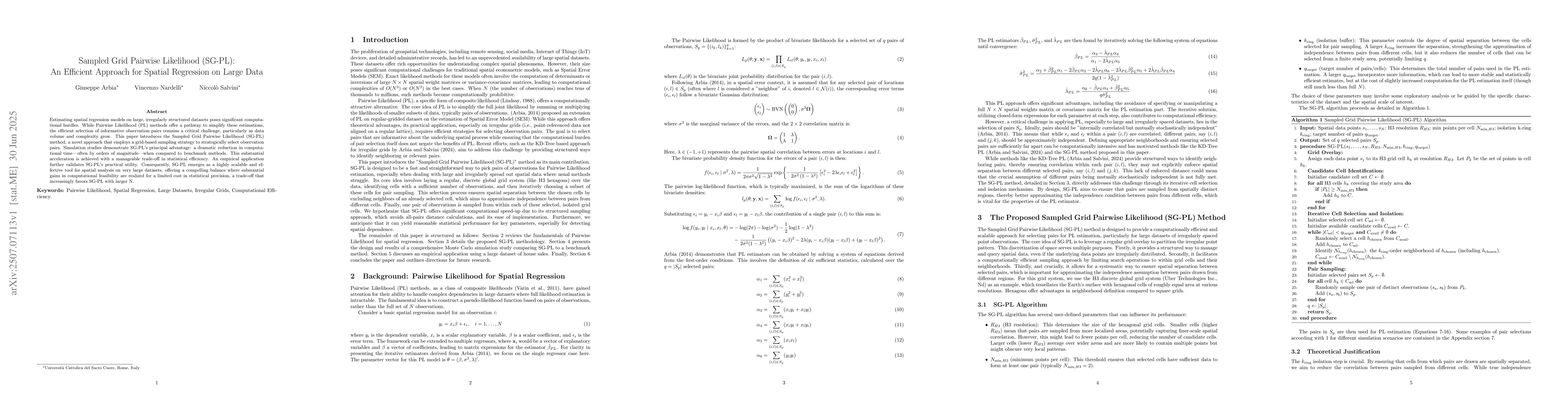 Thumbnail for Sampled Grid Pairwise Likelihood (SG-PL): An Efficient Approach for
  Spatial Regression on Large Data