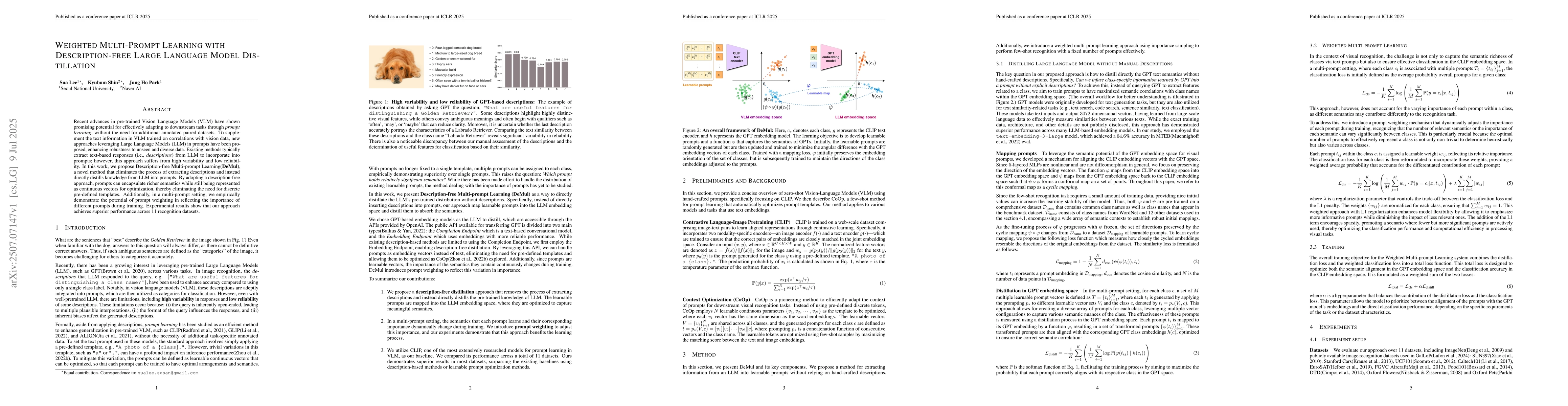 Thumbnail for Weighted Multi-Prompt Learning with Description-free Large Language
  Model Distillation