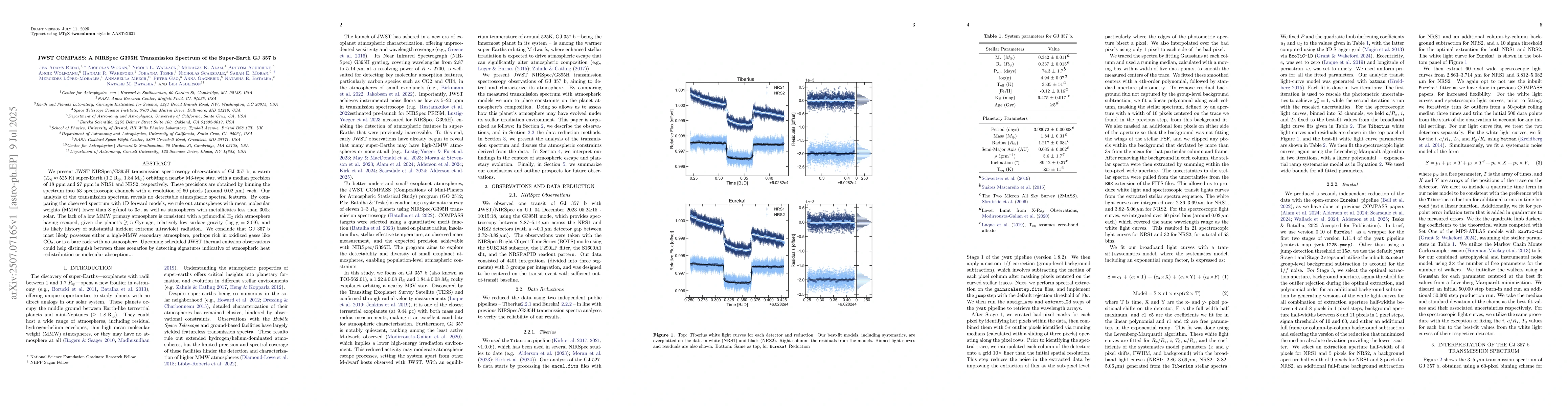 Thumbnail for JWST COMPASS: A NIRSpec G395H Transmission Spectrum of the Super-Earth
  GJ 357 b