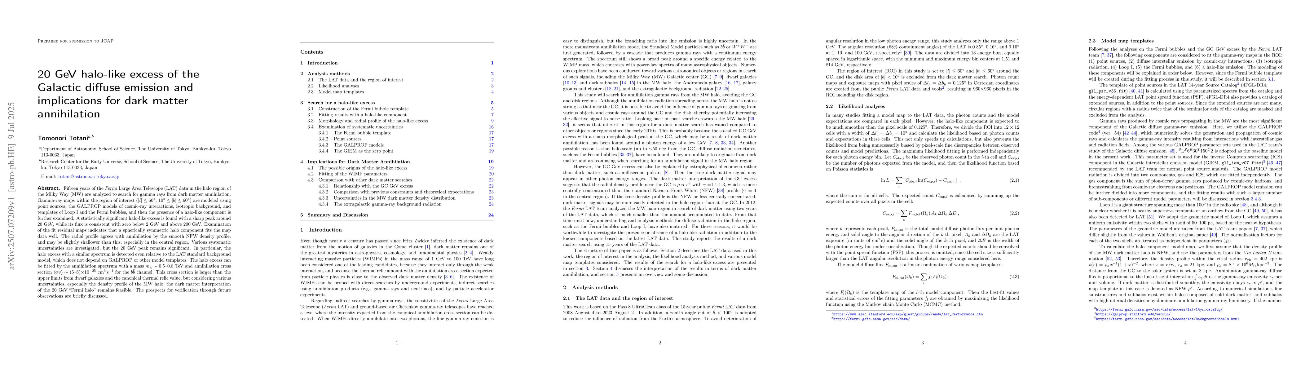 Thumbnail for 20 GeV halo-like excess of the Galactic diffuse emission and
  implications for dark matter annihilation