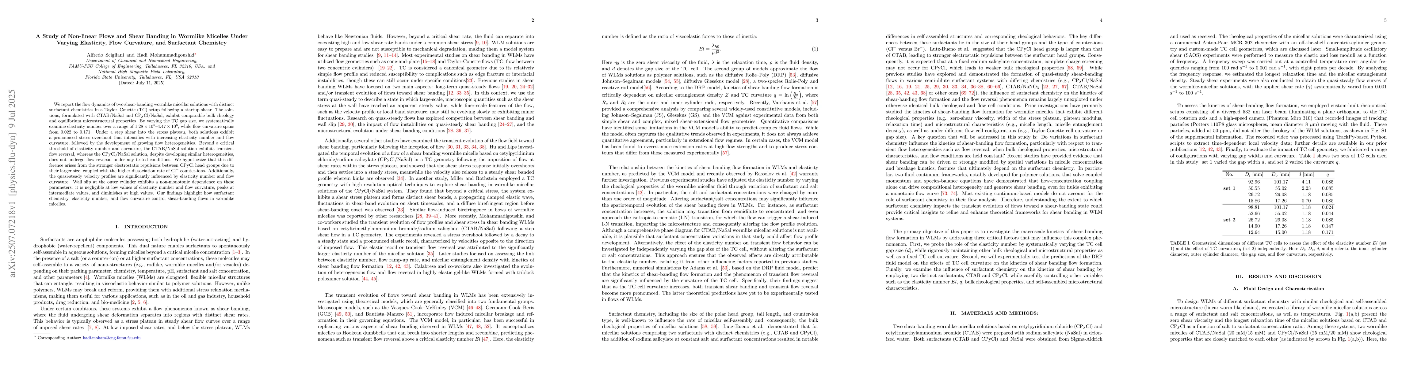 Thumbnail for A Study of Non-linear Flows and Shear Banding in Wormlike Micelles Under
  Varying Elasticity, Flow Curvature, and Surfactant Chemistry