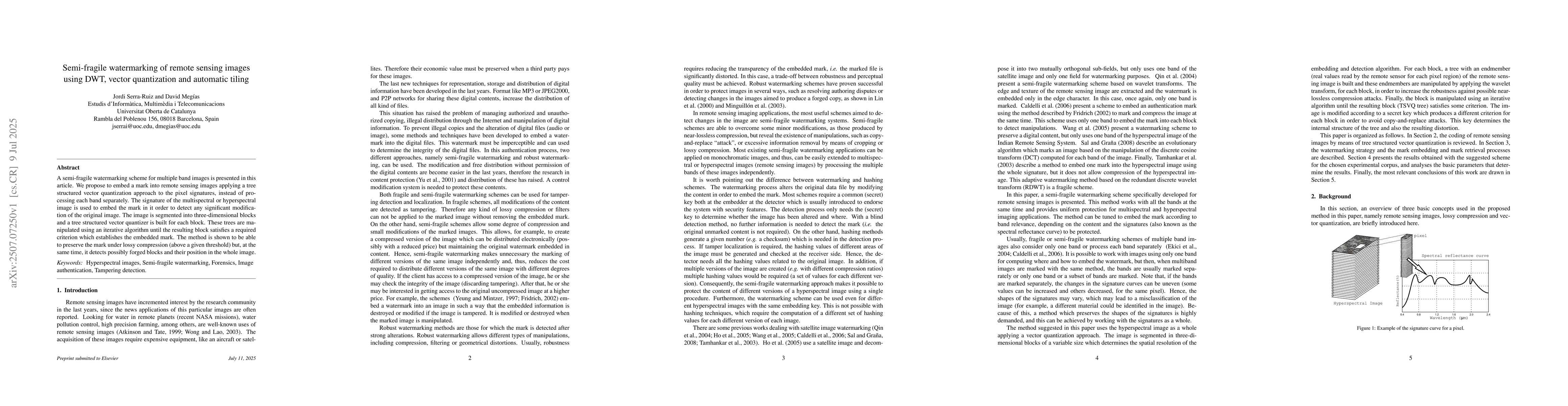 Thumbnail for Semi-fragile watermarking of remote sensing images using DWT, vector
  quantization and automatic tiling