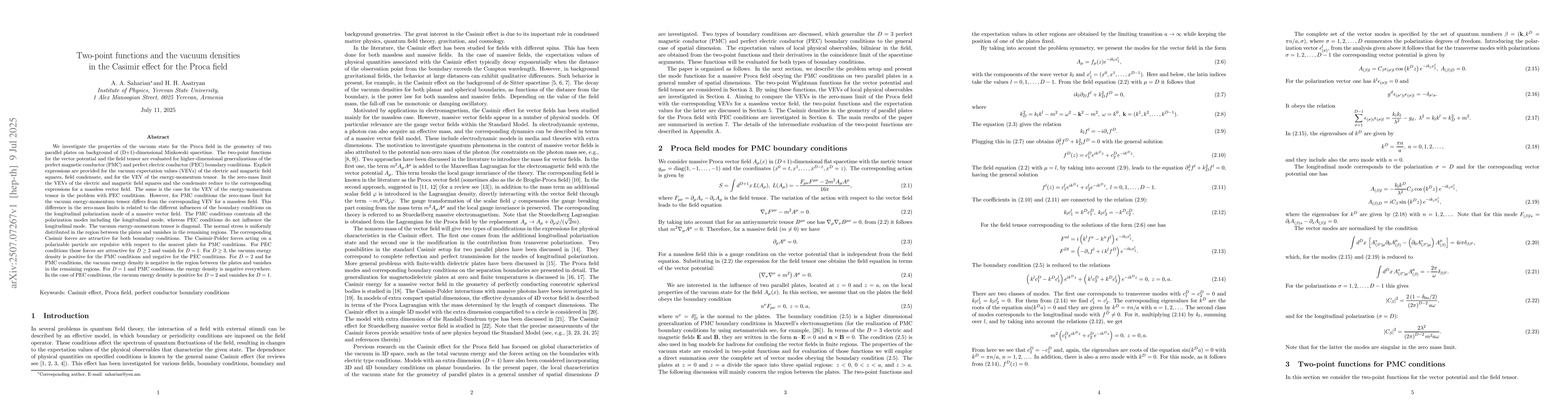 Thumbnail for Two-point functions and the vacuum densities in the Casimir effect for
  the Proca field