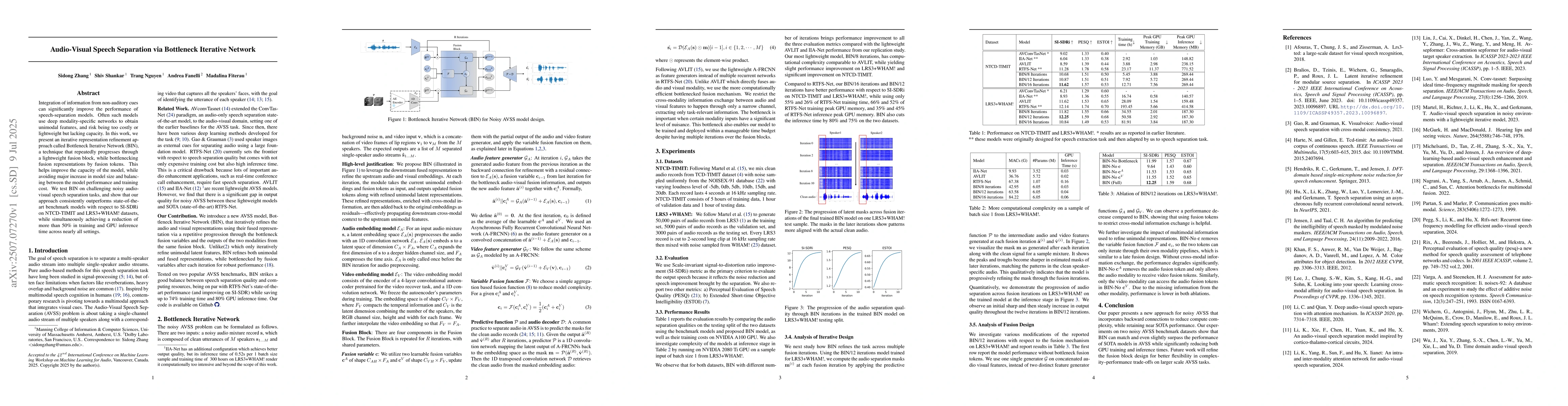 Thumbnail for Audio-Visual Speech Separation via Bottleneck Iterative Network