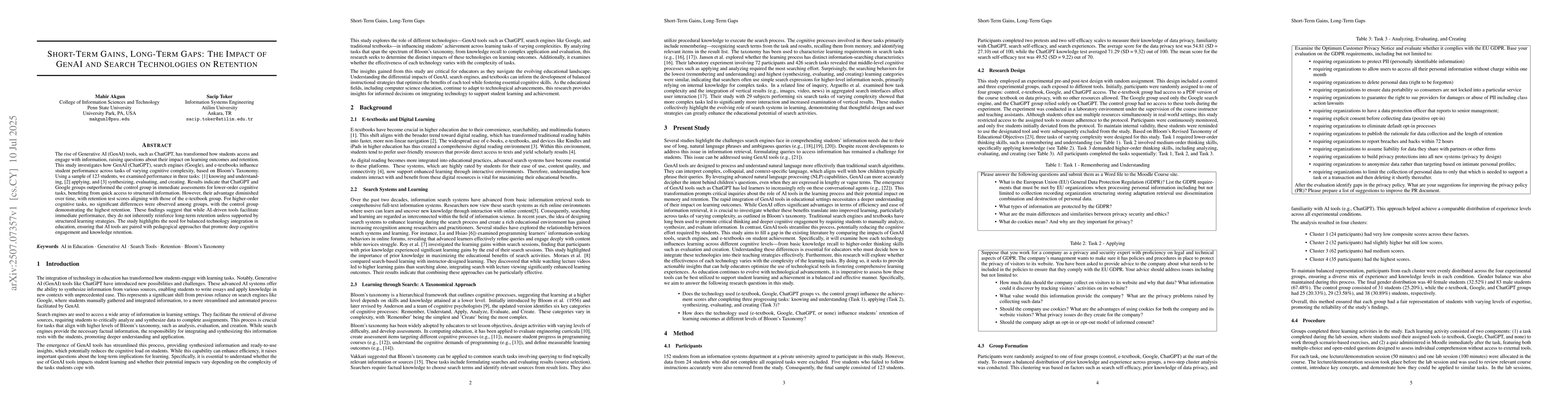 Thumbnail for Short-Term Gains, Long-Term Gaps: The Impact of GenAI and Search
  Technologies on Retention