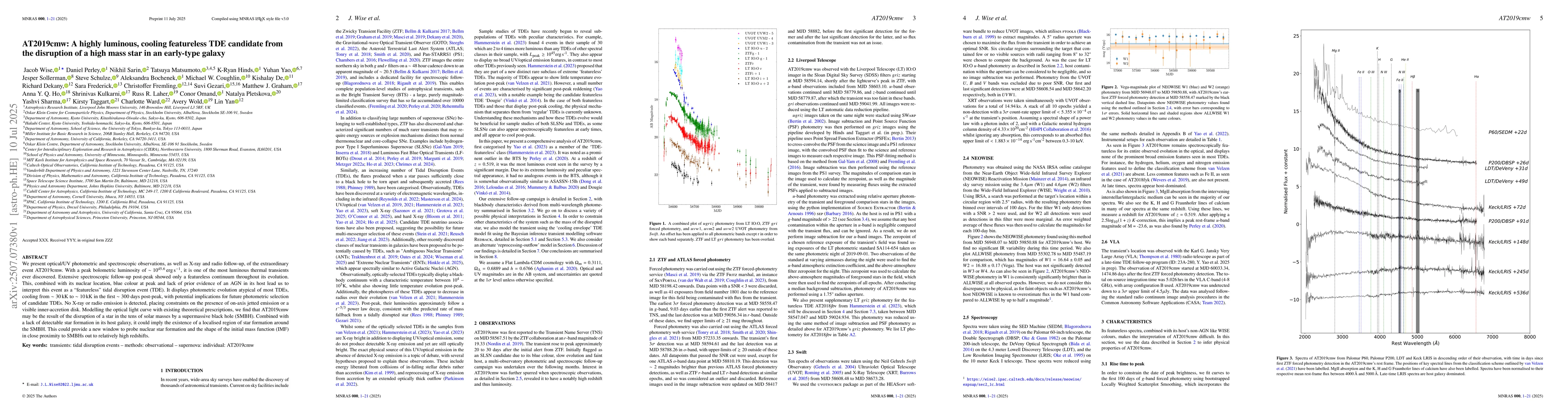 Thumbnail for AT2019cmw: A highly luminous, cooling featureless TDE candidate from the
  disruption of a high mass star in an early-type galaxy