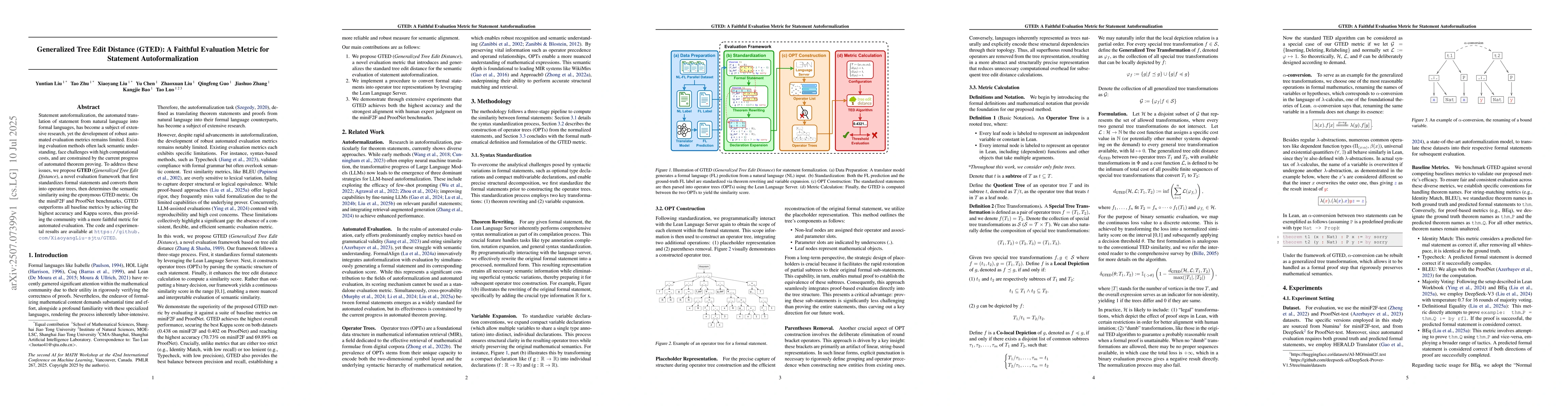 Thumbnail for Generalized Tree Edit Distance (GTED): A Faithful Evaluation Metric for
  Statement Autoformalization