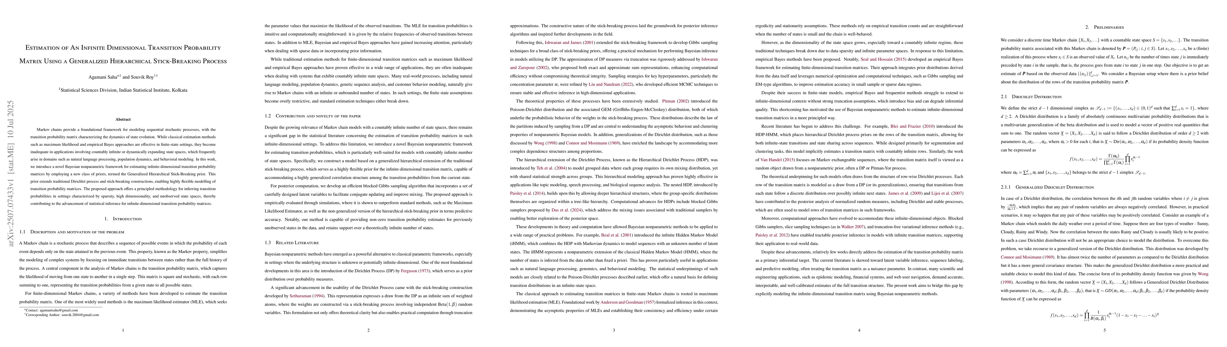 Thumbnail for Estimation of An Infinite Dimensional Transition Probability Matrix
  Using a Generalized Hierarchical Stick-Breaking Process