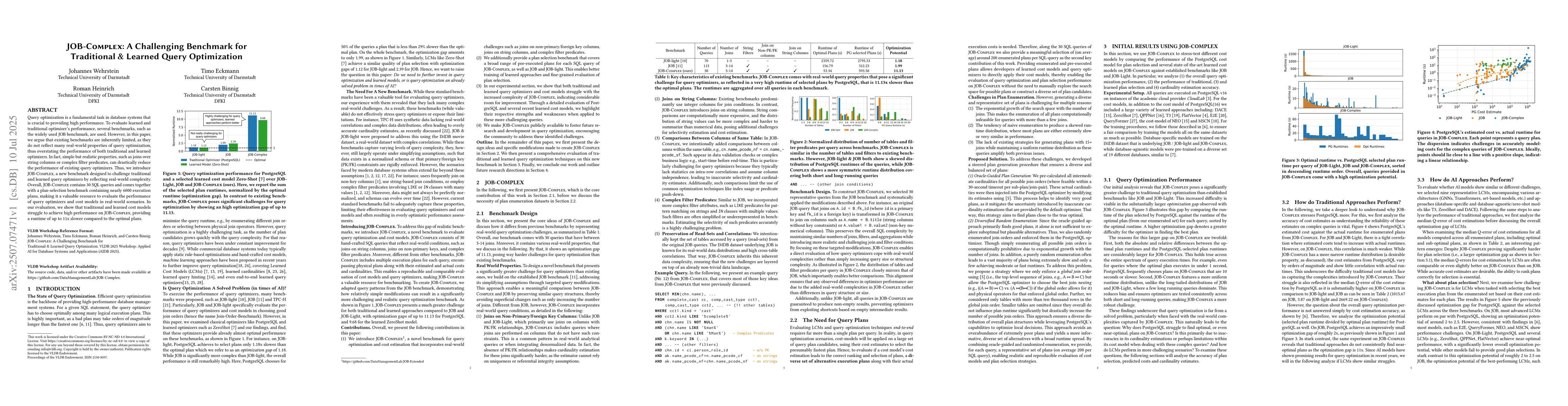 Thumbnail for JOB-Complex: A Challenging Benchmark for Traditional & Learned Query
  Optimization