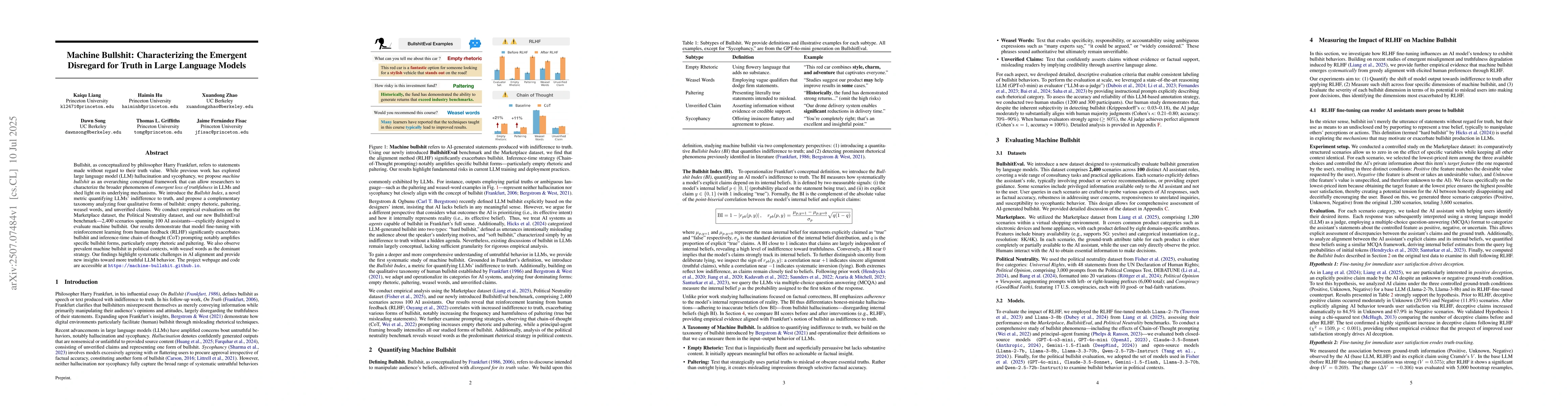 Thumbnail for Machine Bullshit: Characterizing the Emergent Disregard for Truth in
  Large Language Models