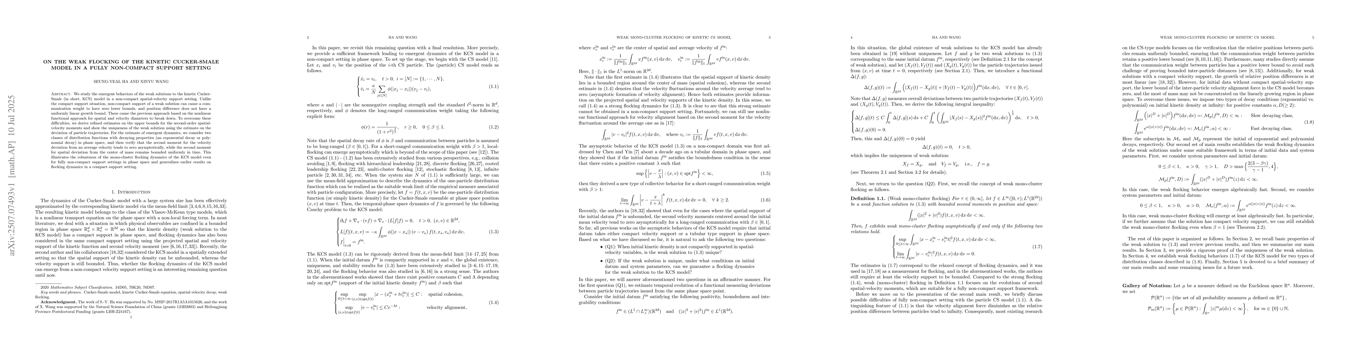 Thumbnail for On the weak flocking of the kinetic Cucker-Smale model in a fully
  non-compact support setting