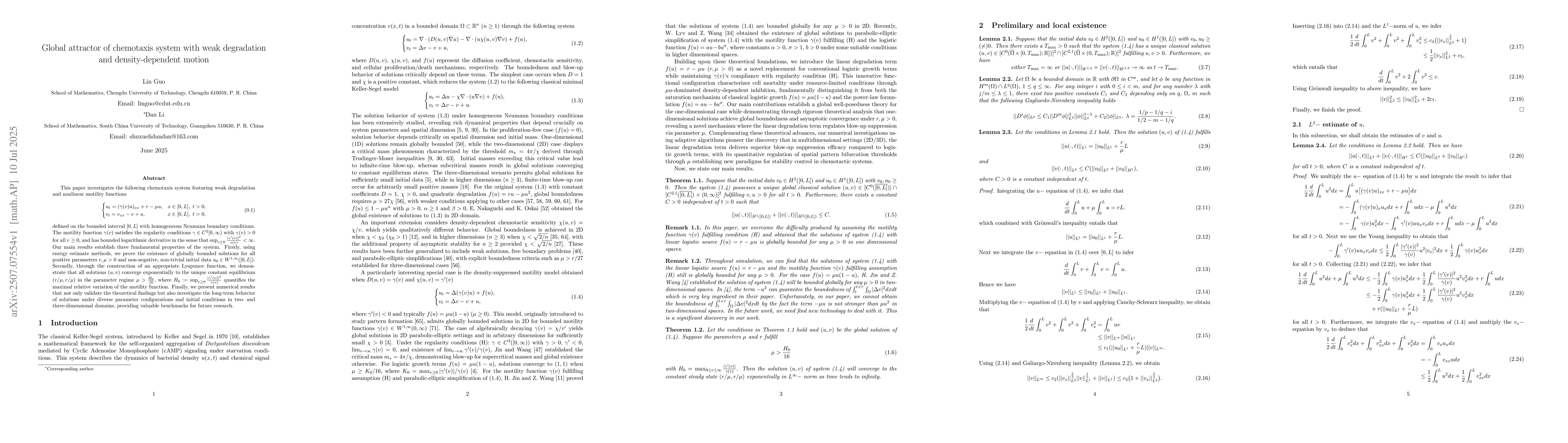 Thumbnail for Global attractor of chemotaxis system with weak degradation and
  density-dependent motion