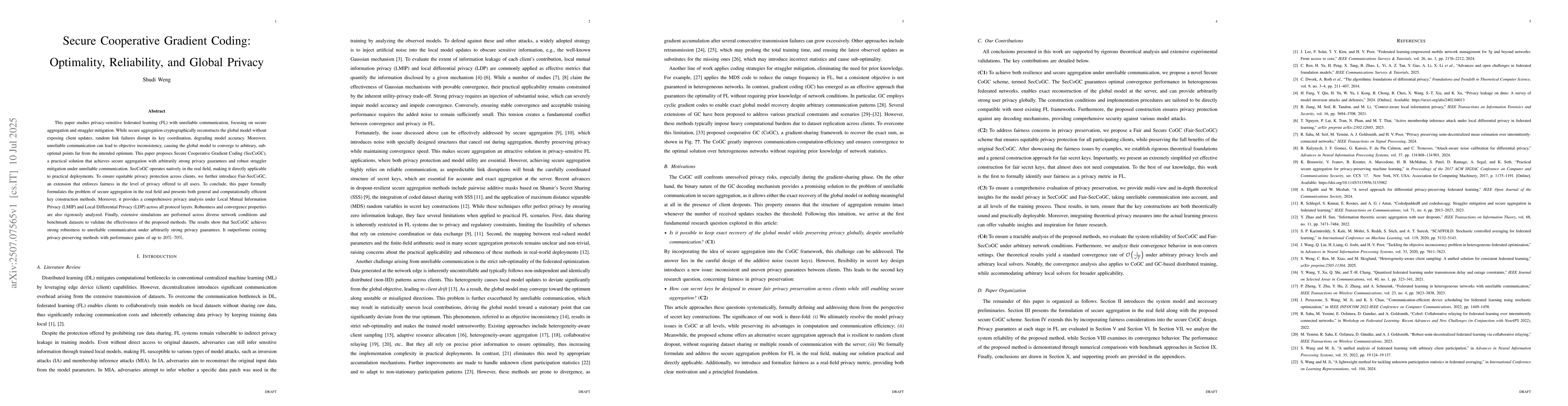 Thumbnail for Secure Cooperative Gradient Coding: Optimality, Reliability, and Global
  Privacy