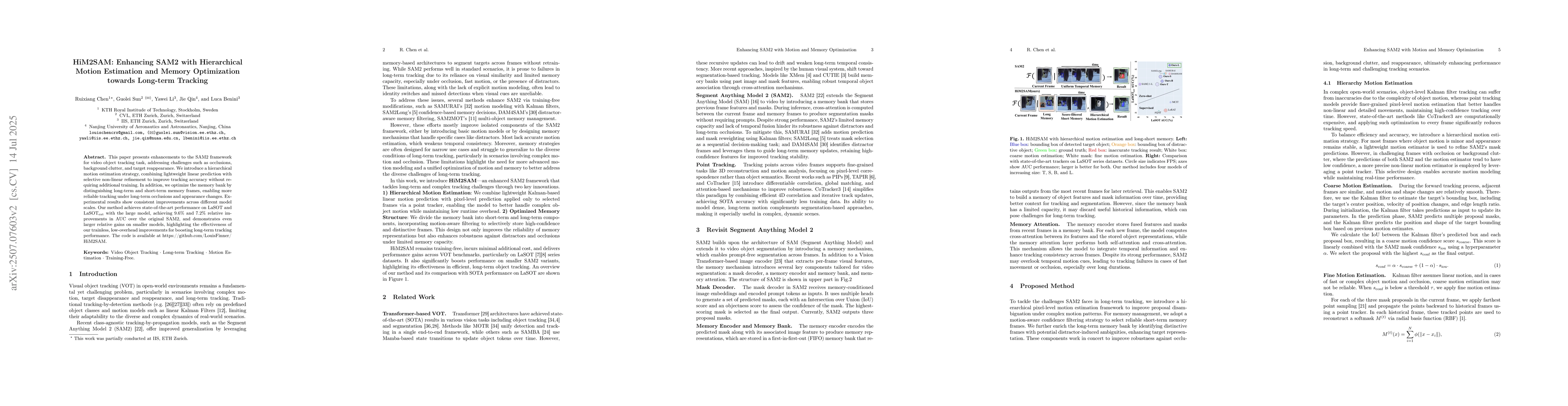 Thumbnail for HiM2SAM: Enhancing SAM2 with Hierarchical Motion Estimation and Memory
  Optimization towards Long-term Tracking